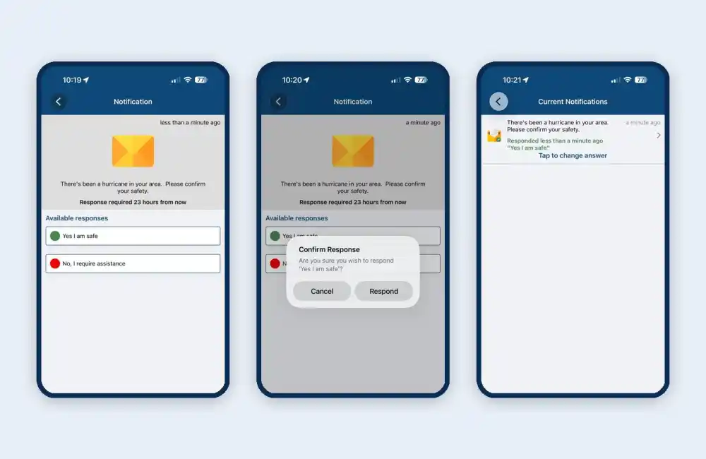 Vismo app screens asking a staff member to confirm their safety, confirming the reply and showing the answer sent