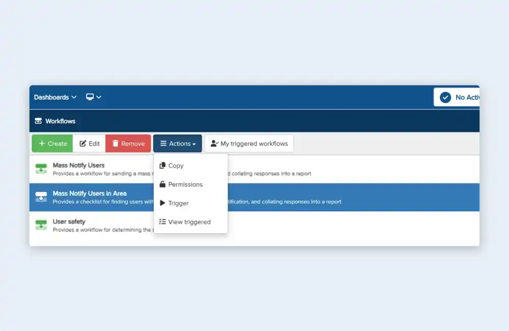 Vismo Workflows list showing the Mass Notify and User safety templates with the actions menu open