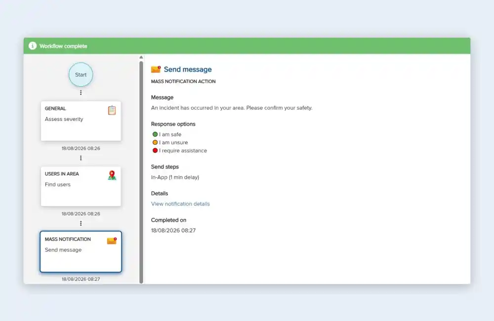 A completed Vismo workflow with timestamped steps and the safety message, response options and completion time
