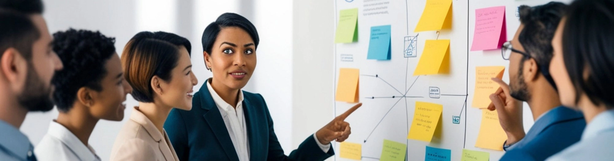 Team planning at a whiteboard covered in sticky notes