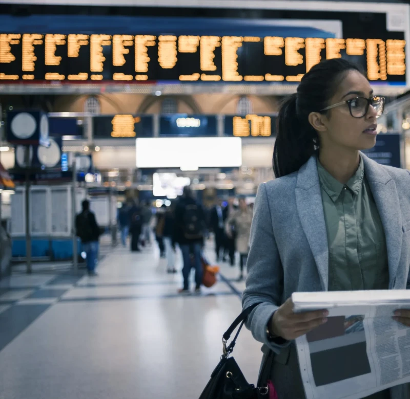 Young women at train station