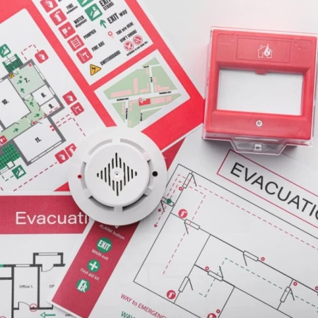 Fire alarm call point and smoke detector on a building evacuation plan