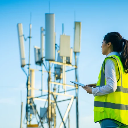 Female engineer working at a telecommunications tower