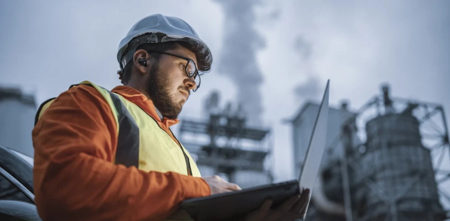 Engineer using a laptop while working