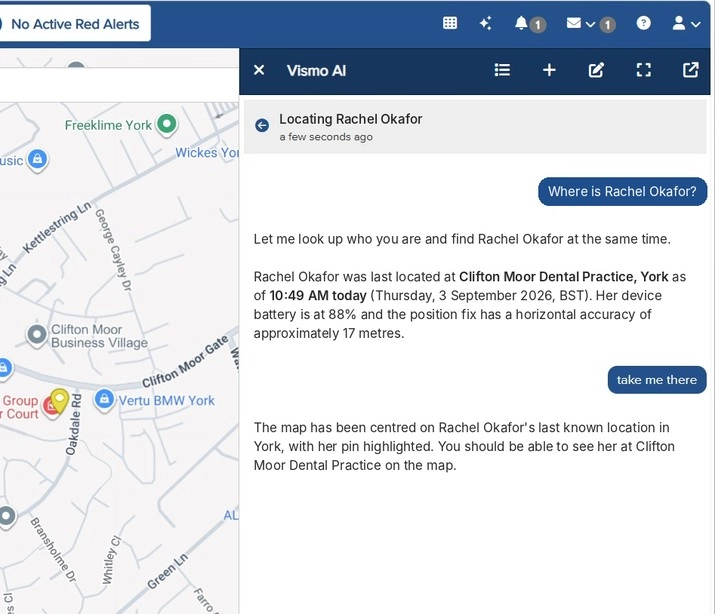 Vismo AI panel answering where a user is, with her last known location, battery and fix accuracy beside the live map