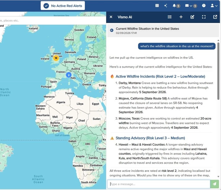 Vismo AI briefing on current US wildfires, grouped by risk level with locations and active dates