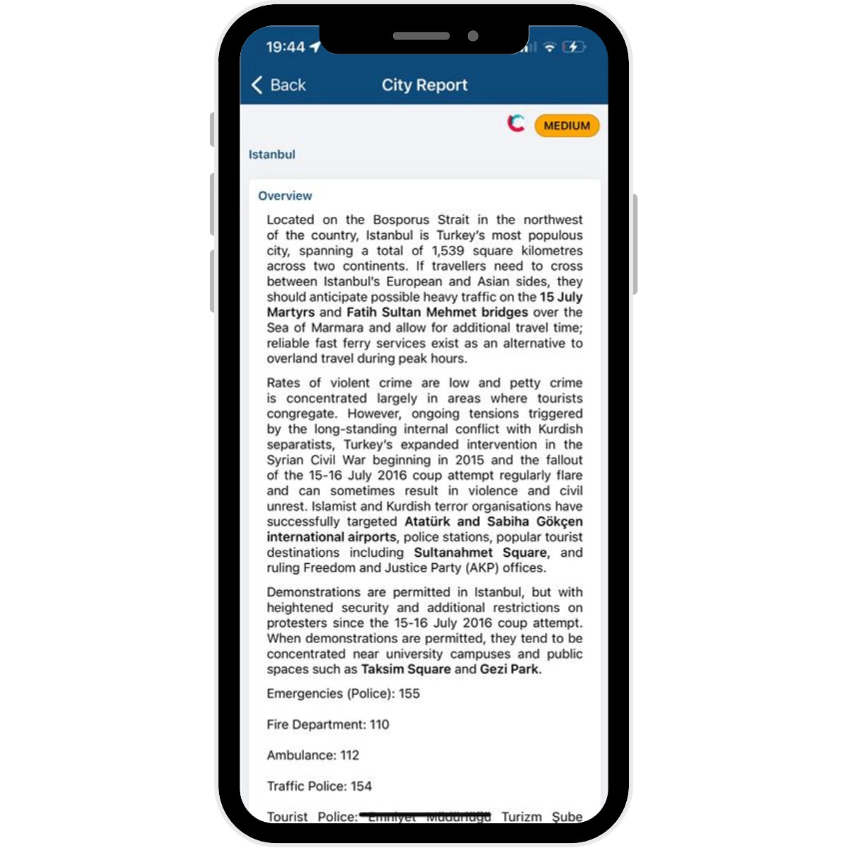 Riskline City Report on Vismo App
